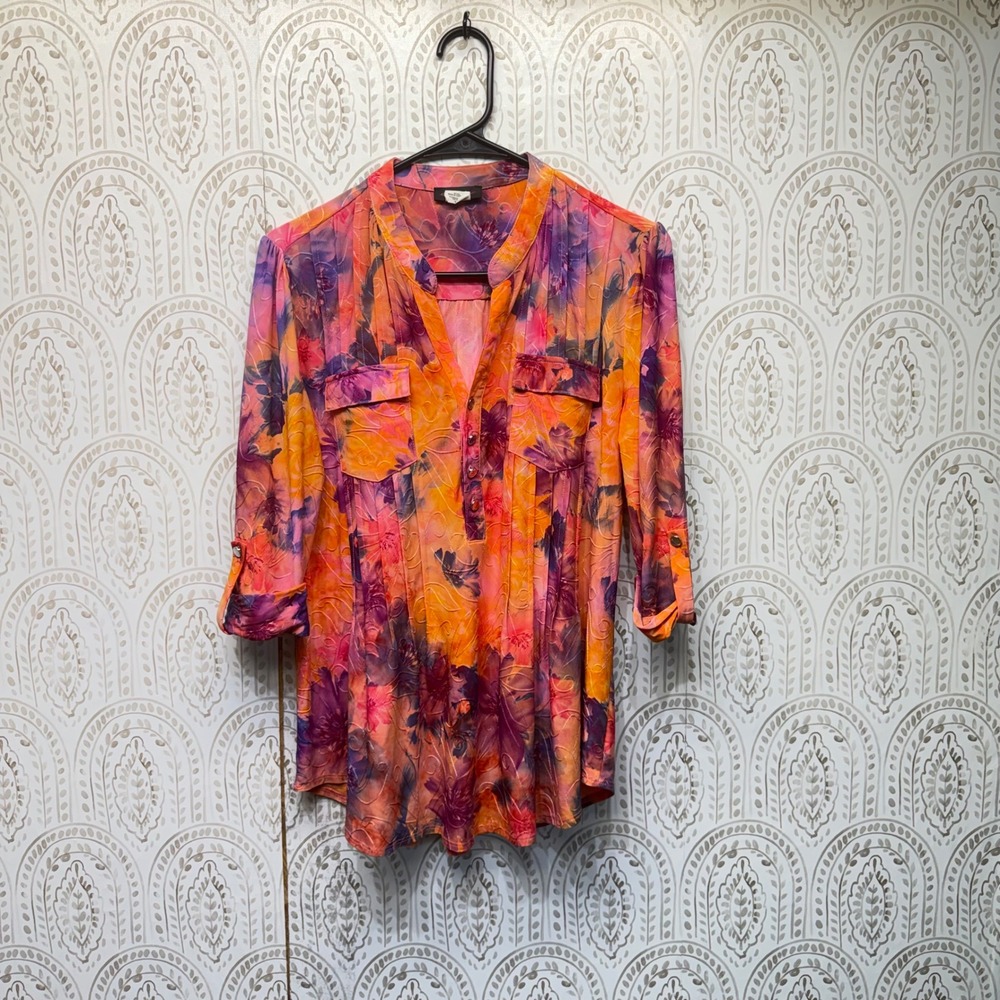 Cocomo Floral Blouse Women‎ Small Orange Purple 3/4 Roll Tab Sleeve Textured Top